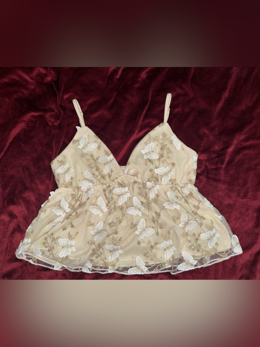 Sparkly Butterfly Embroidered BabyDoll Cropped Tank Top - Cream, White, and Gold